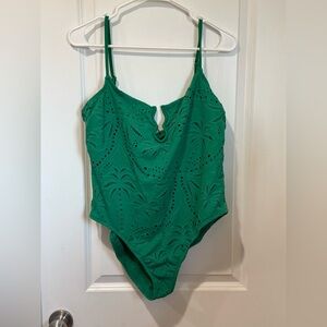 Time and Tru Green One-Piece Swimsuit with Eyelet Detail